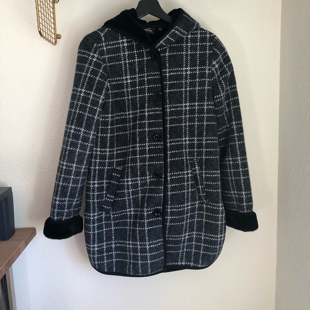 Ike Behar Plush Lined Hooded Jacket Faux Fur Charcoal Gray Plaid Small